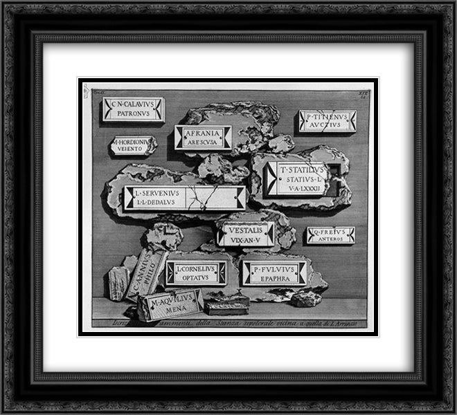 The Roman antiquities, t. 2, Plate XVIX. Inscriptions and fragments of the burial chamber above. 22x20 Black Ornate Wood Framed Art Print Poster with Double Matting by Piranesi, Giovanni Battista