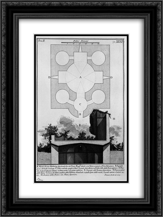 The Roman antiquities, t. 2, Plate XXVI. Previous cross-section of large urn and other details. 18x24 Black Ornate Wood Framed Art Print Poster with Double Matting by Piranesi, Giovanni Battista