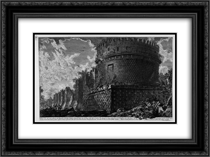 The Roman antiquities, t. 3, Plate LII. View of the back side of the Mausoleum of Cecilia Metella. 24x18 Black Ornate Wood Framed Art Print Poster with Double Matting by Piranesi, Giovanni Battista
