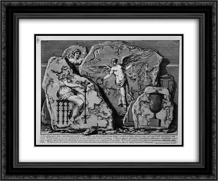 The Roman antiquities, t. 3, Plate XLIX. Decorative details of the walls of the room above. 24x20 Black Ornate Wood Framed Art Print Poster with Double Matting by Piranesi, Giovanni Battista