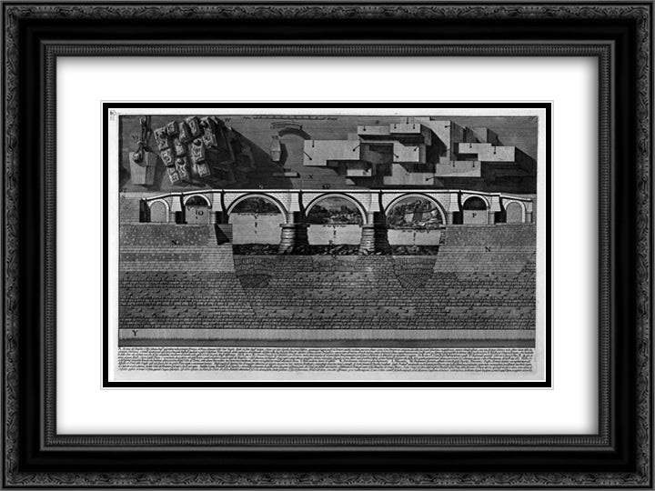 The Roman antiquities, t. 4, Plate V. Plan of the Mausoleum of Hadrian and Bridge St. Angel. 24x18 Black Ornate Wood Framed Art Print Poster with Double Matting by Piranesi, Giovanni Battista
