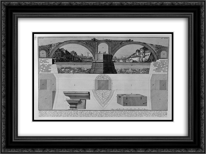 The Roman antiquities, t. 4, Plate XVIII. Inscriptions in Bridge of Four Heads. 24x18 Black Ornate Wood Framed Art Print Poster with Double Matting by Piranesi, Giovanni Battista