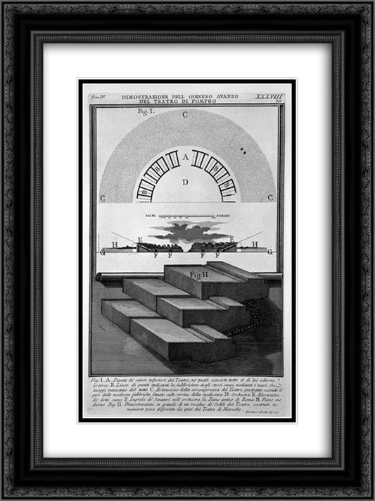 The Roman antiquities, t. 4, Plate XXXVIII. Vista of today`s surplus of the Theatre of Pompey. 18x24 Black Ornate Wood Framed Art Print Poster with Double Matting by Piranesi, Giovanni Battista