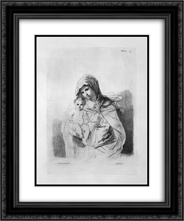 The Virgin and Child in half-figure in her arms, from Guercino 20x24 Black Ornate Wood Framed Art Print Poster with Double Matting by Piranesi, Giovanni Battista