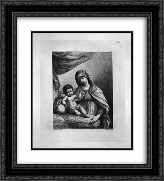 The Virgin standing, half-length, with the Child Jesus holding a flower, by Guercino 20x22 Black Ornate Wood Framed Art Print Poster with Double Matting by Piranesi, Giovanni Battista