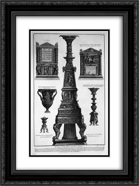 Three candlesticks, a vase and two stones 18x24 Black Ornate Wood Framed Art Print Poster with Double Matting by Piranesi, Giovanni Battista