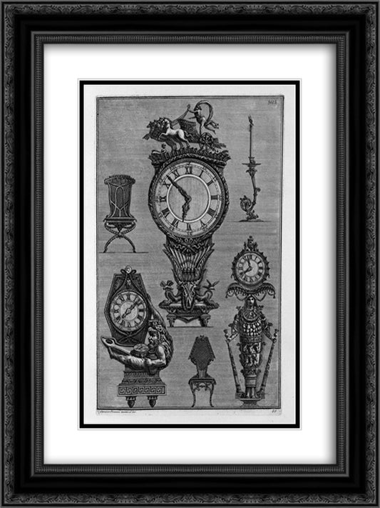 Three clocks, two chairs, a chandelier 18x24 Black Ornate Wood Framed Art Print Poster with Double Matting by Piranesi, Giovanni Battista