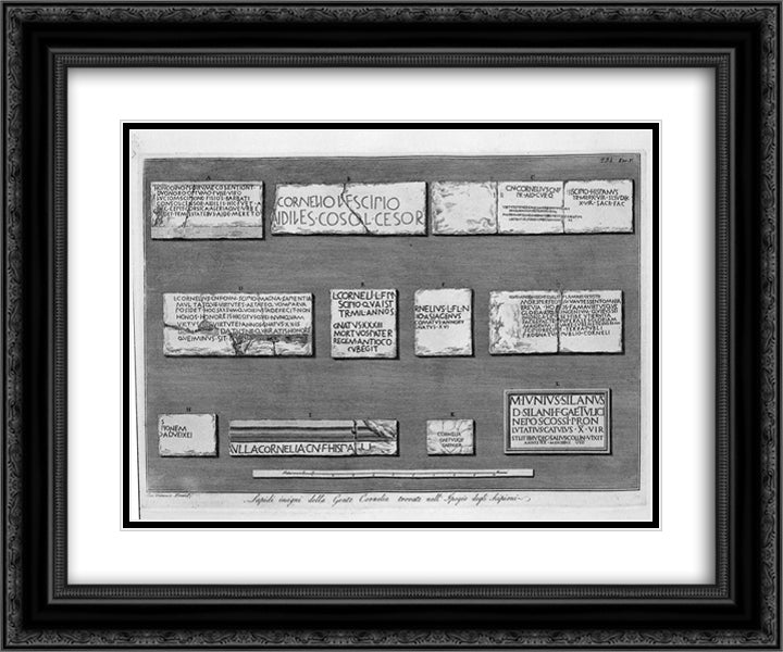 Tombstones of famous people found in Cornelia `Hypogeum of the Scipios 24x20 Black Ornate Wood Framed Art Print Poster with Double Matting by Piranesi, Giovanni Battista