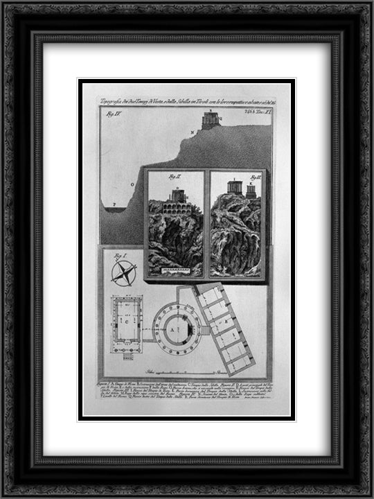 Topography of the two times of Vesta and the Sibyl in Tivoli with their respective sections, and raised 18x24 Black Ornate Wood Framed Art Print Poster with Double Matting by Piranesi, Giovanni Battista