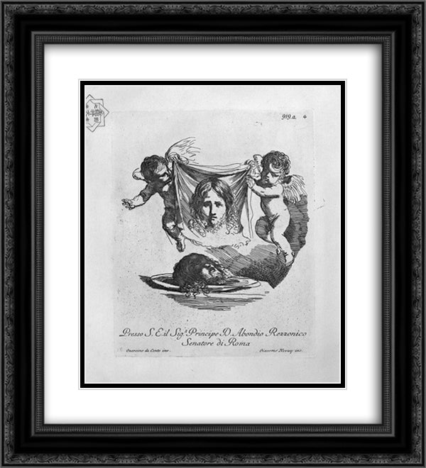 Two cherubs with the Holy Face and the head of St. John the Baptist 20x22 Black Ornate Wood Framed Art Print Poster with Double Matting by Piranesi, Giovanni Battista