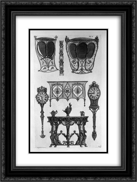 Two sides of sedan chairs, two tables to the wall, two clocks, three coffee makers, a frieze 18x24 Black Ornate Wood Framed Art Print Poster with Double Matting by Piranesi, Giovanni Battista