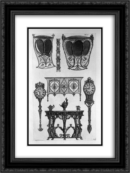 Two sides of sedan chairs, two tables to the wall, two clocks, three coffee makers, a frieze 18x24 Black Ornate Wood Framed Art Print Poster with Double Matting by Piranesi, Giovanni Battista