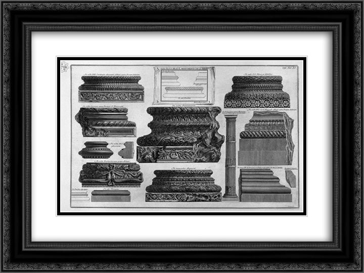 Various bases and a stem of columns 24x18 Black Ornate Wood Framed Art Print Poster with Double Matting by Piranesi, Giovanni Battista