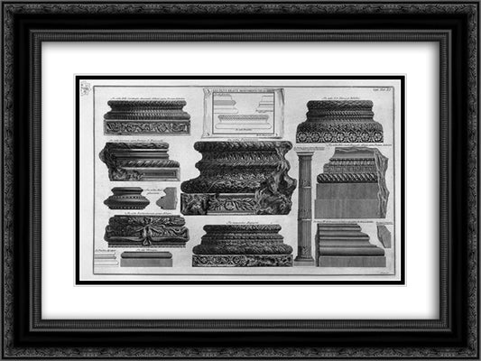 Various bases and a stem of columns 24x18 Black Ornate Wood Framed Art Print Poster with Double Matting by Piranesi, Giovanni Battista