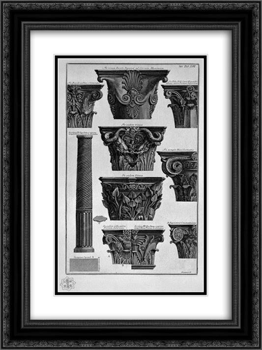 Various capitals, column (Villa Albani, St. Clement, St. Cosmas, etc.) 18x24 Black Ornate Wood Framed Art Print Poster with Double Matting by Piranesi, Giovanni Battista