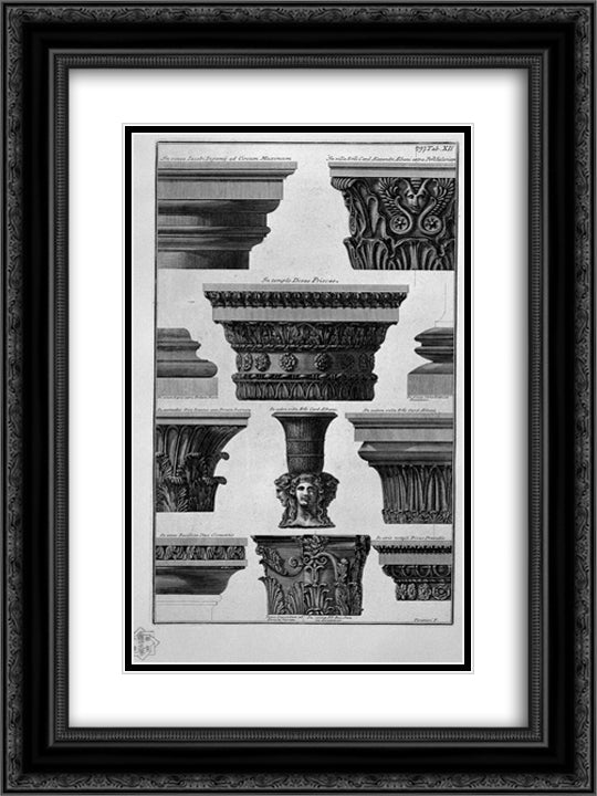 Various capitals (Villa Albani, S Prisca, Praxedes S, S Clement, etc.) 18x24 Black Ornate Wood Framed Art Print Poster with Double Matting by Piranesi, Giovanni Battista