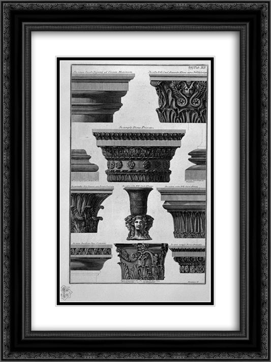 Various capitals (Villa Albani, S Prisca, Praxedes S, S Clement, etc.) 18x24 Black Ornate Wood Framed Art Print Poster with Double Matting by Piranesi, Giovanni Battista