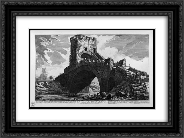 View of the Tiber on the Ponte Molle, two miles away from Rome 24x18 Black Ornate Wood Framed Art Print Poster with Double Matting by Piranesi, Giovanni Battista
