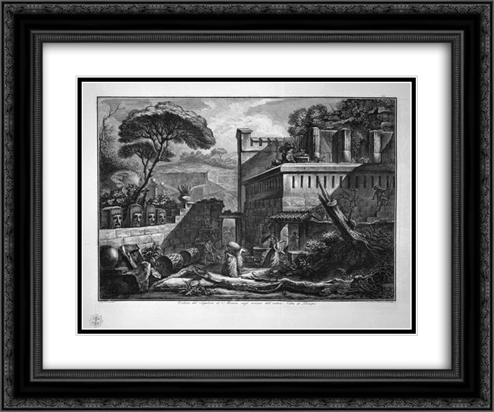 View of the tomb in the remains of the ancient city of Mamia Pompeii, design of L Despres 24x20 Black Ornate Wood Framed Art Print Poster with Double Matting by Piranesi, Giovanni Battista