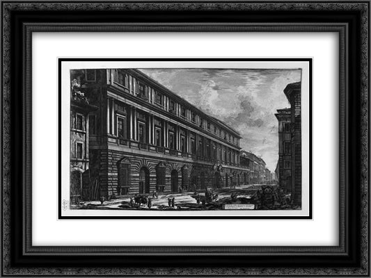 View of Via del Corso, the Palace of the Academy founded by Louis XIV, King of France 24x18 Black Ornate Wood Framed Art Print Poster with Double Matting by Piranesi, Giovanni Battista