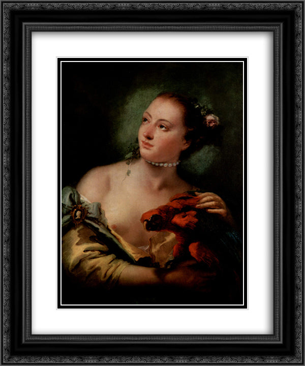 A Young Woman With a Macaw 20x24 Black Ornate Wood Framed Art Print Poster with Double Matting by Tiepolo, Giovanni Battista