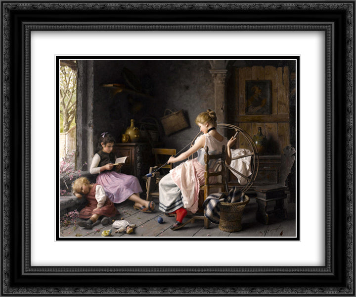 The spinning wheel 24x20 Black Ornate Wood Framed Art Print Poster with Double Matting by Torriglia, Giovanni Battista
