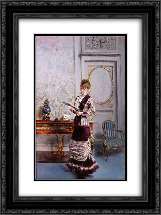 A Lady Admiiring a Fan 18x24 Black Ornate Wood Framed Art Print Poster with Double Matting by Boldini, Giovanni