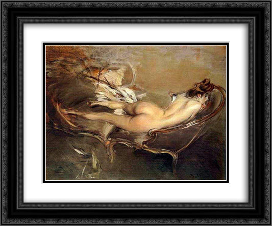 A Reclining Nude on a Day-Bed 24x20 Black Ornate Wood Framed Art Print Poster with Double Matting by Boldini, Giovanni