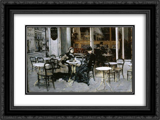 Conversation at the Cafe 24x18 Black Ornate Wood Framed Art Print Poster with Double Matting by Boldini, Giovanni