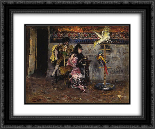 Couple in Spanish dress with two parrots (El Matador) 24x20 Black Ornate Wood Framed Art Print Poster with Double Matting by Boldini, Giovanni