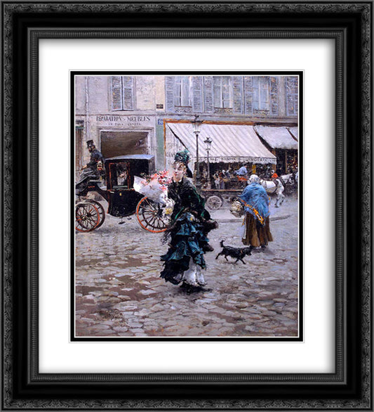 Crossing the Street 20x22 Black Ornate Wood Framed Art Print Poster with Double Matting by Boldini, Giovanni