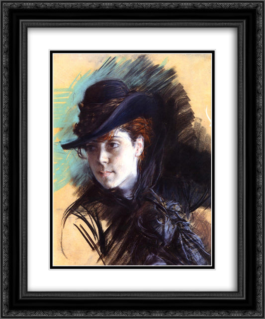 Girl In A Black Hat 20x24 Black Ornate Wood Framed Art Print Poster with Double Matting by Boldini, Giovanni