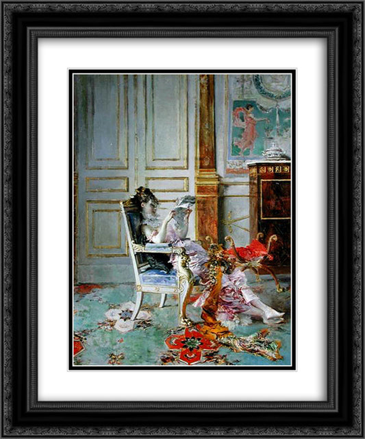 Girl Reading in a Salon 20x24 Black Ornate Wood Framed Art Print Poster with Double Matting by Boldini, Giovanni