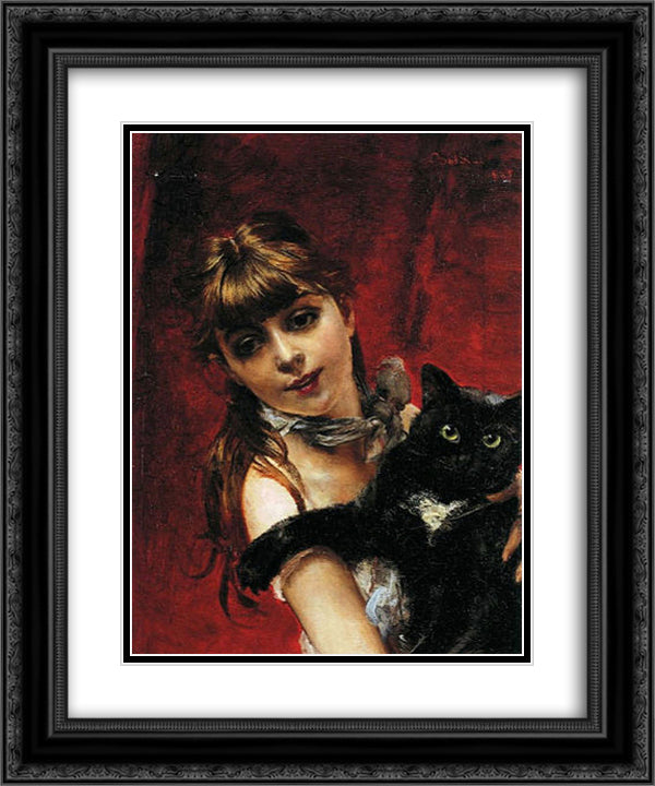 Girl with Black Cat 20x24 Black Ornate Wood Framed Art Print Poster with Double Matting by Boldini, Giovanni