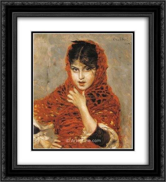 Girl with Red Shawl 20x22 Black Ornate Wood Framed Art Print Poster with Double Matting by Boldini, Giovanni