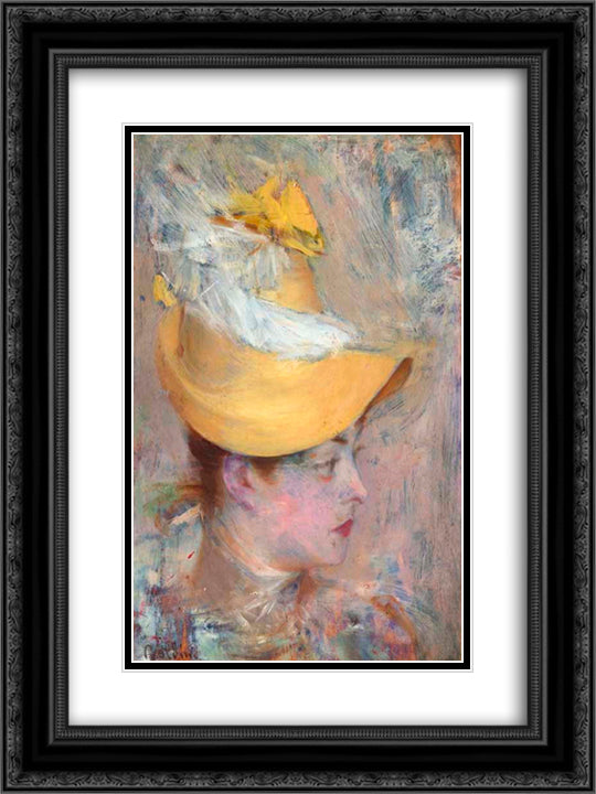 Head of a Lady with Yellow Sleeve 18x24 Black Ornate Wood Framed Art Print Poster with Double Matting by Boldini, Giovanni