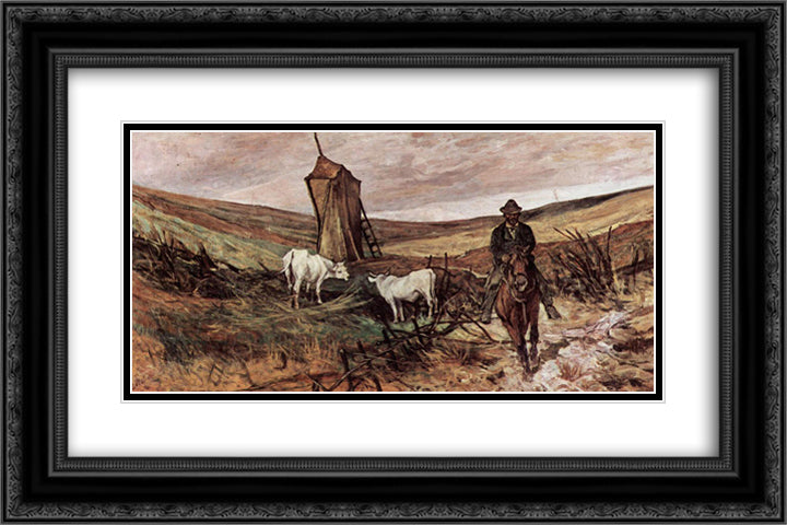 Berittener Hirte und Kuhe 24x16 Black Ornate Wood Framed Art Print Poster with Double Matting by Fattori, Giovanni