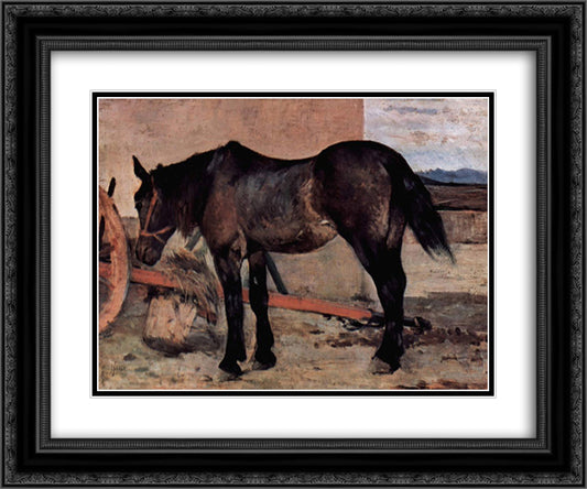 Pferd vor einem Wagen 24x20 Black Ornate Wood Framed Art Print Poster with Double Matting by Fattori, Giovanni
