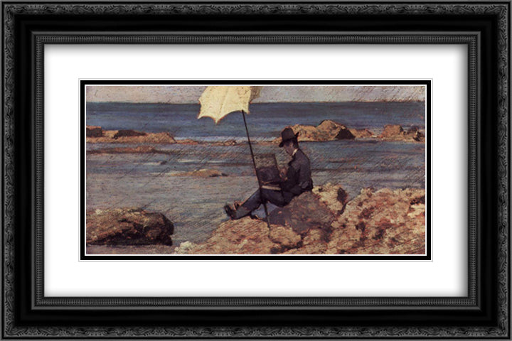 Silvestro Lega, nella pittura di Riva al Mare 24x16 Black Ornate Wood Framed Art Print Poster with Double Matting by Fattori, Giovanni