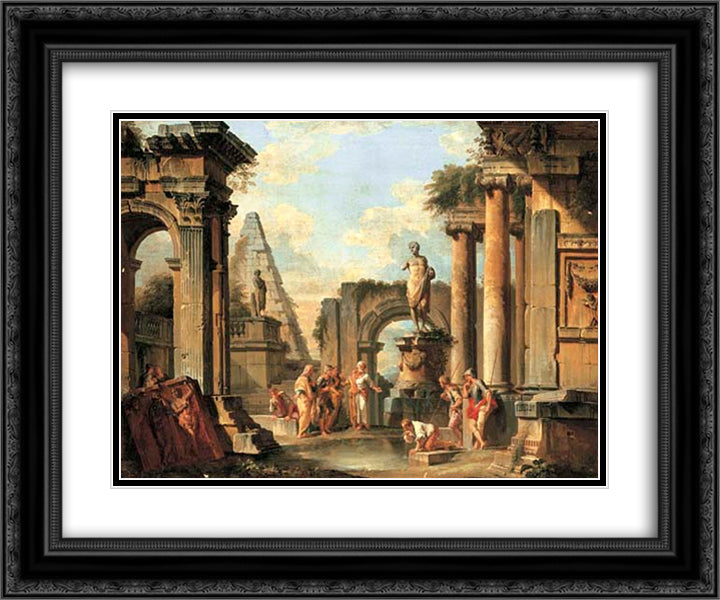 A capriccio of classical ruins with Diogenes throwing away his cup 24x20 Black Ornate Wood Framed Art Print Poster with Double Matting by Panini, Giovanni Paolo