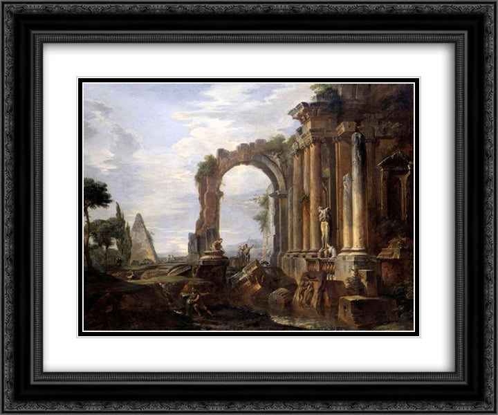 Capriccio of Classical Ruins 24x20 Black Ornate Wood Framed Art Print Poster with Double Matting by Panini, Giovanni Paolo