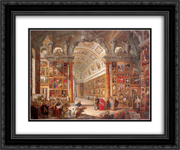 Interior of a Picture Gallery with the Collection of Cardinal Silvio Valenti Gonzaga 24x20 Black Ornate Wood Framed Art Print Poster with Double Matting by Panini, Giovanni Paolo