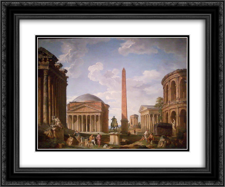 Roman Capriccio The Pantheon and Other Monuments 24x20 Black Ornate Wood Framed Art Print Poster with Double Matting by Panini, Giovanni Paolo