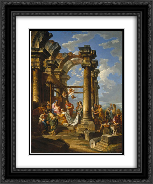 The Adoration of the Magi 20x24 Black Ornate Wood Framed Art Print Poster with Double Matting by Panini, Giovanni Paolo