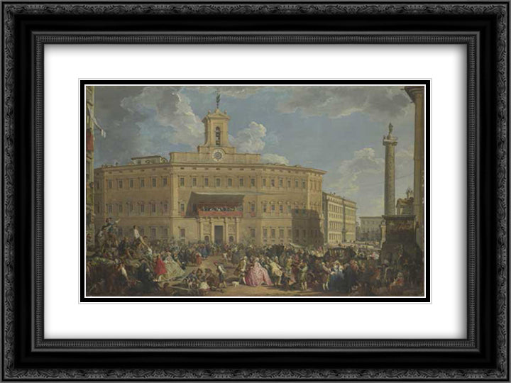 The Lottery at Palazzo Montecitorio 24x18 Black Ornate Wood Framed Art Print Poster with Double Matting by Panini, Giovanni Paolo