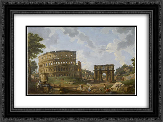 View of the Colosseum 24x18 Black Ornate Wood Framed Art Print Poster with Double Matting by Panini, Giovanni Paolo