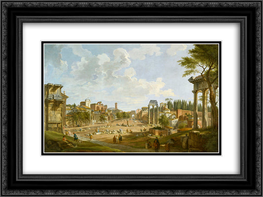 View of the Roman Forum 24x18 Black Ornate Wood Framed Art Print Poster with Double Matting by Panini, Giovanni Paolo