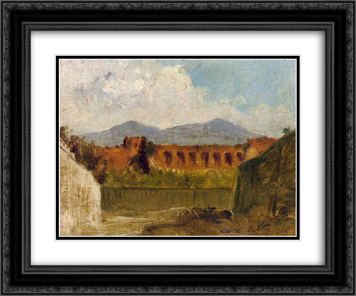 A Roman Aqueduct 24x20 Black Ornate Wood Framed Art Print Poster with Double Matting by Nittis, Giuseppe de