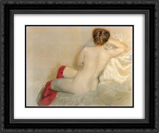 Nude with Red Stockings 24x20 Black Ornate Wood Framed Art Print Poster with Double Matting by Nittis, Giuseppe de