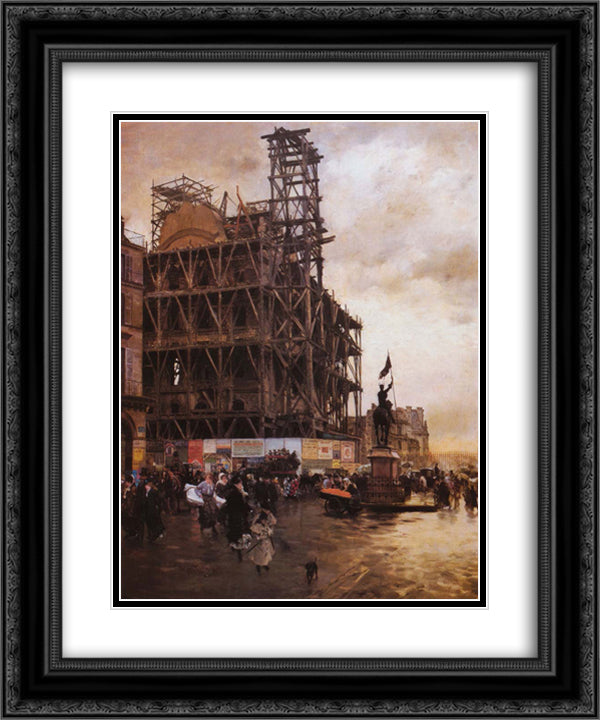 The Place des Pyramides, Paris 20x24 Black Ornate Wood Framed Art Print Poster with Double Matting by Nittis, Giuseppe de